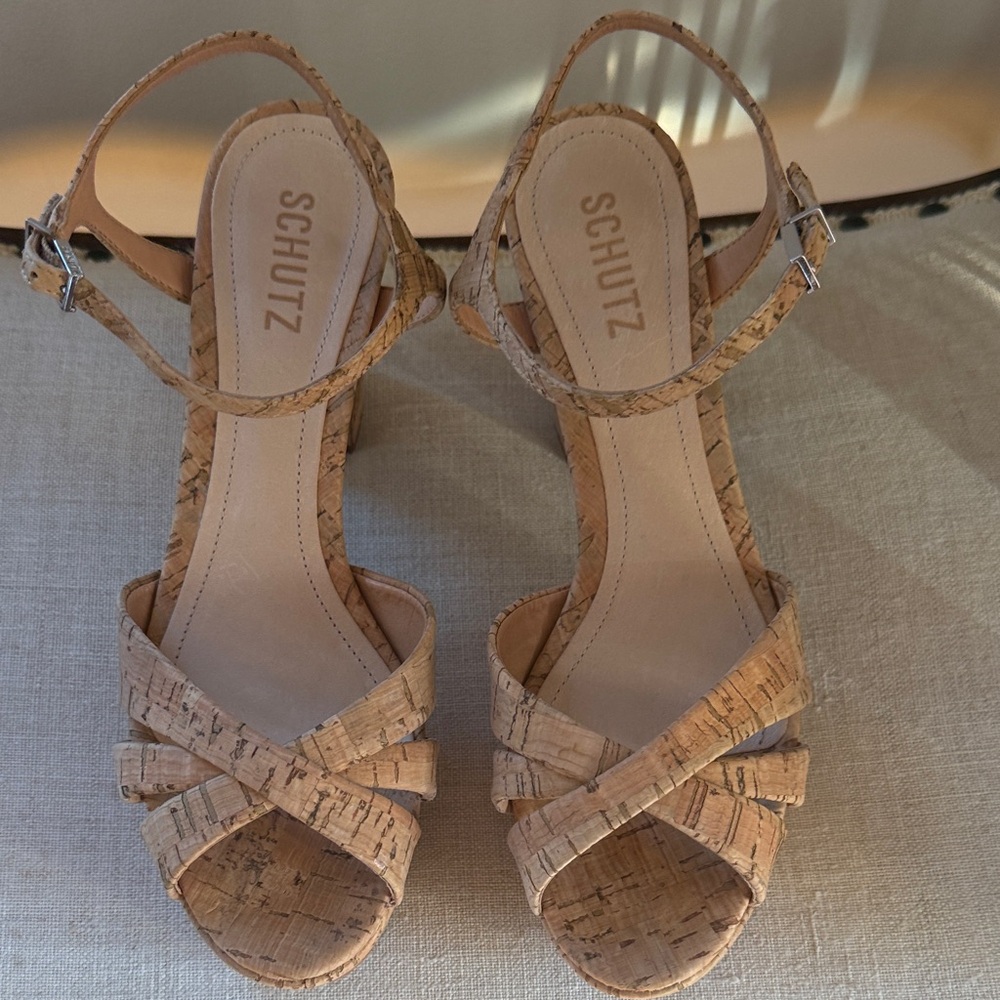 SCHUTZ Natural Cork Strappy Sandals